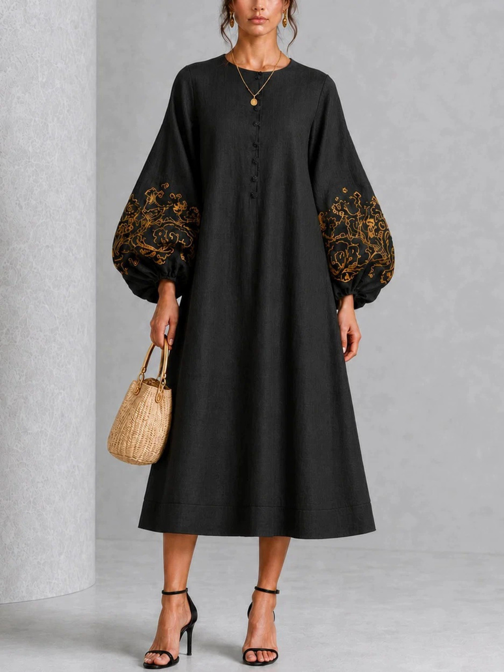 ZARA Black and Gold Embroidered Lantern Sleeve Linen Dress Loose A Line Midi